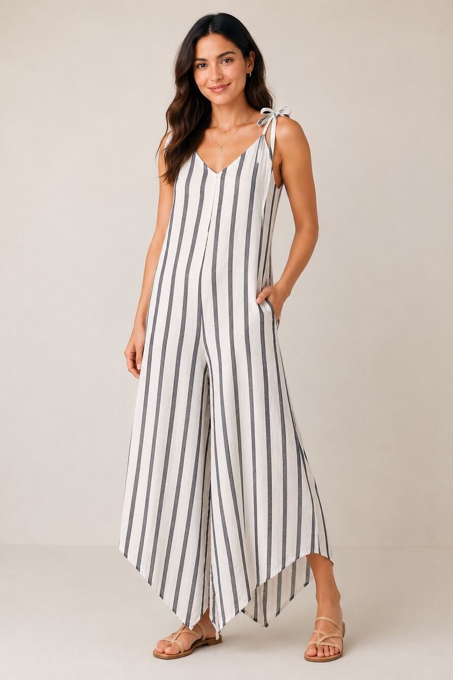 Vince Camuto Striped Linen Blend Tie Strap Wide Leg Jumpsuit Women M